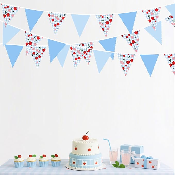 32Ft Blue Gingham Cheery Pennant Banner Fabric Triangle Flag Garland Streamers Party Decorations for Ma Cherie Baby Shower Cherry on Top Bachelorette Fruit Birthday Picnic Spring Garden Supplies