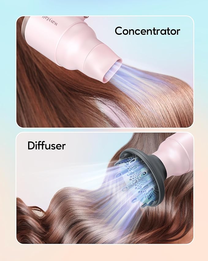 Wavytalk Blow Dryer with Diffuser, Mini Hair Dryer with Folding Handle, 1600W Quiet Lightweight Hairdryer with Diffuser Compact Design, Pinky White