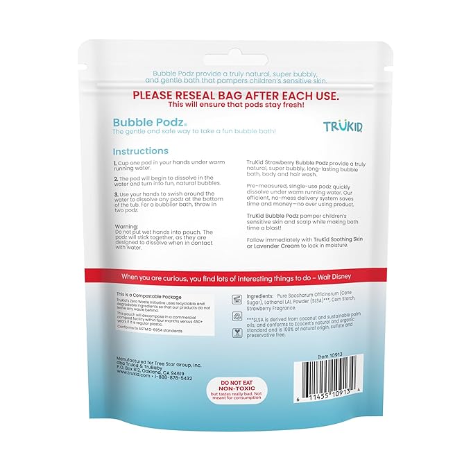 TruKid Bubble Podz Bubble Bath for Kids, Toddlers, & Babies, Tear Free Gentle & Refreshing Bath Bomb for Sensitive Skin with Natural Moisturizers, Non-Toxic, pH Balanced, Strawberry Scent (24 Podz)