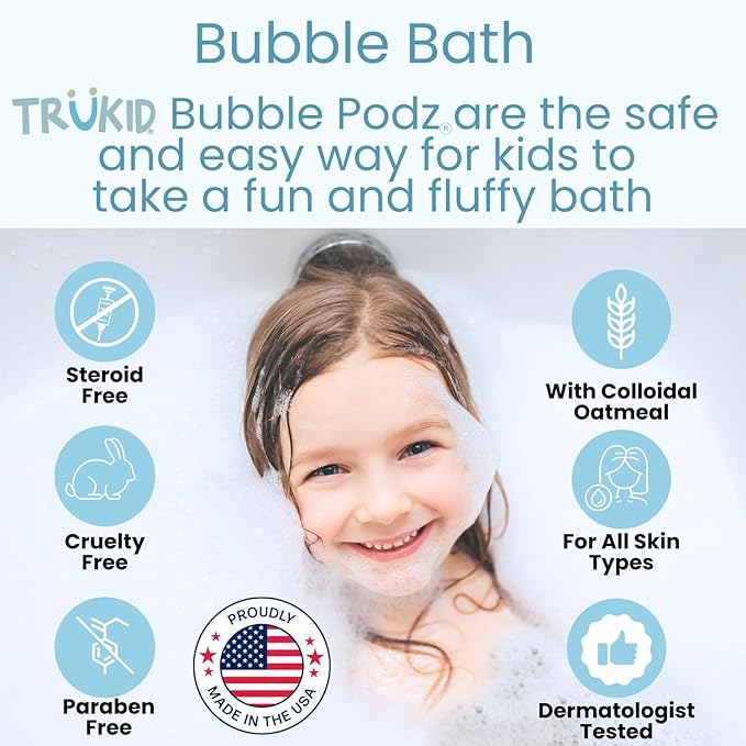 TruKid Bubble Podz Bubble Bath for Kids, Toddlers, & Babies, NEA-Accepted for Eczema, Gentle Refreshing Colloidal Oatmeal Bath Bomb for Sensitive Skin, pH Balanced, Tear Free, Unscented (60 Podz)