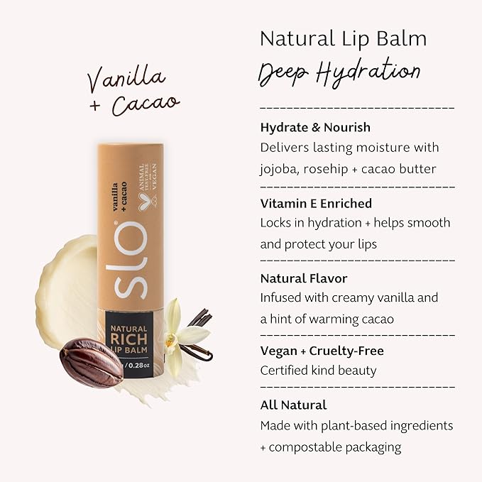 Slo | Natural Lip Balm - All Natural Ingredients, Vegan & Cruelty Free, Hydrating & Soothing, Plastic Free, Paper Packaging | Vanilla + Cacao, (0.28oz/8g)