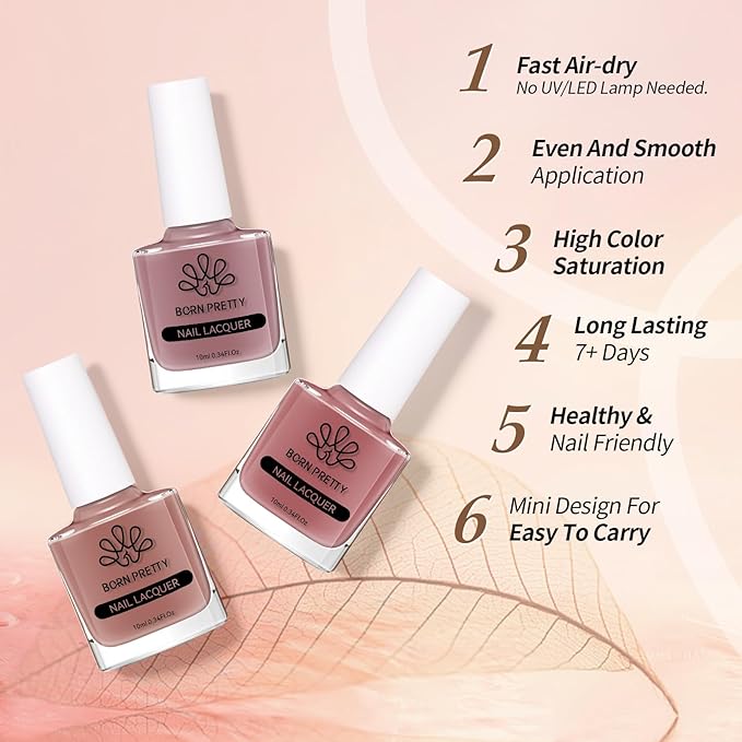Born Pretty Jelly Nail Polish Set, 6 Colors Burgundy Red Brown Nude Pink Natural Colors Quick Dry Nail Polish Sheer Transparent Fall Winter Fingernail Polish for DIY Nail Art Salon Home Gifts