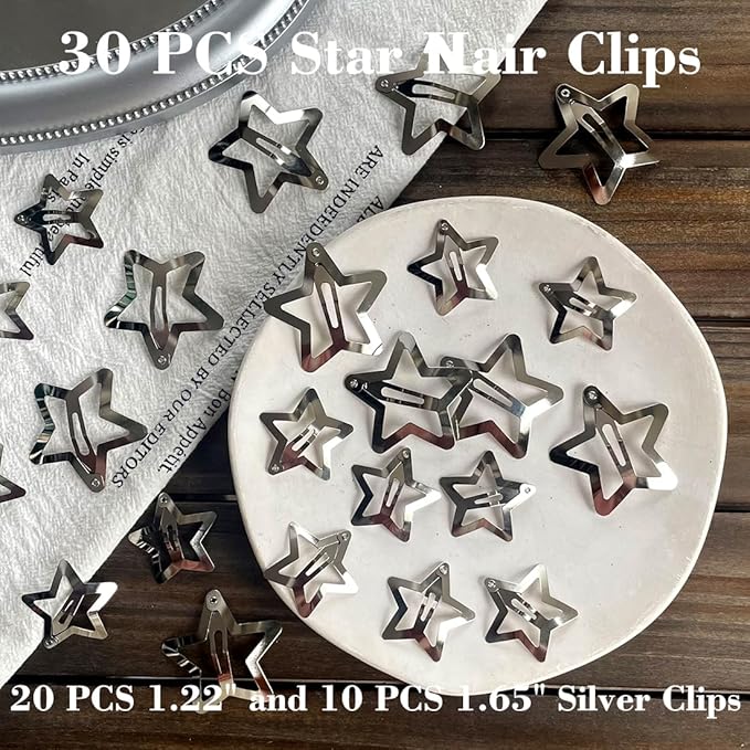 30 PCS Star Hair Clips,20PCS 1.22"Clip and 10 PCS 1.65"Clips Snap Star Hair Accessories Non Slip Clips for Girls Women Y2K Accessories