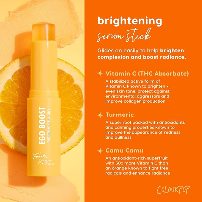 ColourPop Brightening Vitamin C Serum Stick - Radiance-Boosting Face Serum Stick for Glowy Summer Makeup Prep - Enriched with Turmeric to Help Approve the Appearance of Redness - Ego Boost (0.25 oz)