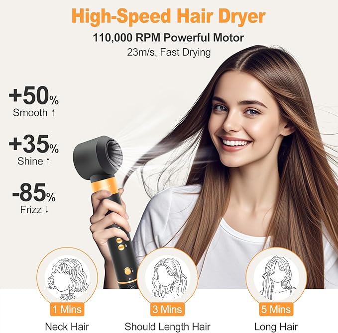 Air Styler Hair Dryer Brush - 110,000 RPM Flexible Hair Styler for Fast Drying/Rotating Curling/Volumizing/Straightening, Auto Wrap Curlers, High-Speed Oval Blow Brush Hair Dryer (Black-Orange)