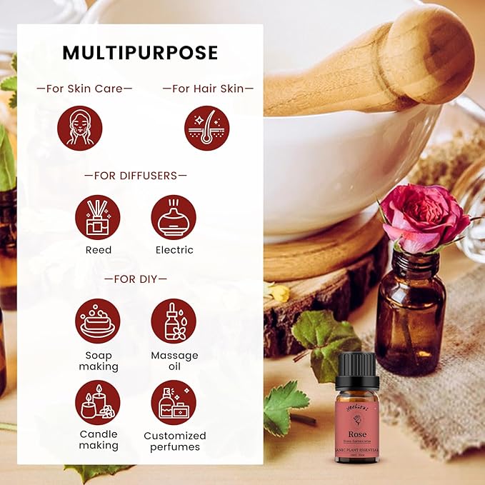 yethious Rose Essential Oil 100% Pure Rose Scented Oil for Diffuser & Aromatherapy Fragrance DIY Candle Soap Making Rose Oil Essential Oil 10ML