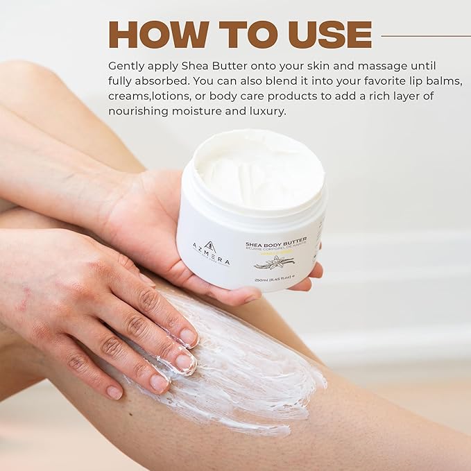 AZMERA Handcrafted Whipped Shea Body Butter – Luxurious Vanilla Bean Scented Moisturizer for Dry, Sensitive Skin, Argan Oil & Vitamin E – Vegan, Non-Greasy Skincare – 8.82 oz