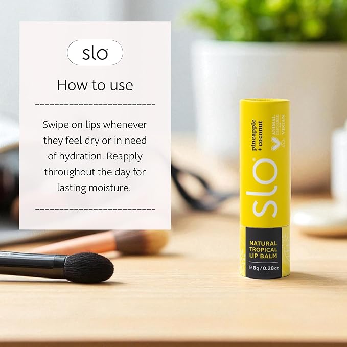 Slo | Natural Lip Balm - All Natural Ingredients, Vegan & Cruelty Free, Hydrating & Soothing, Plastic Free, Paper Packaging | Pina Colada + Zinc, (0.28oz/8g)