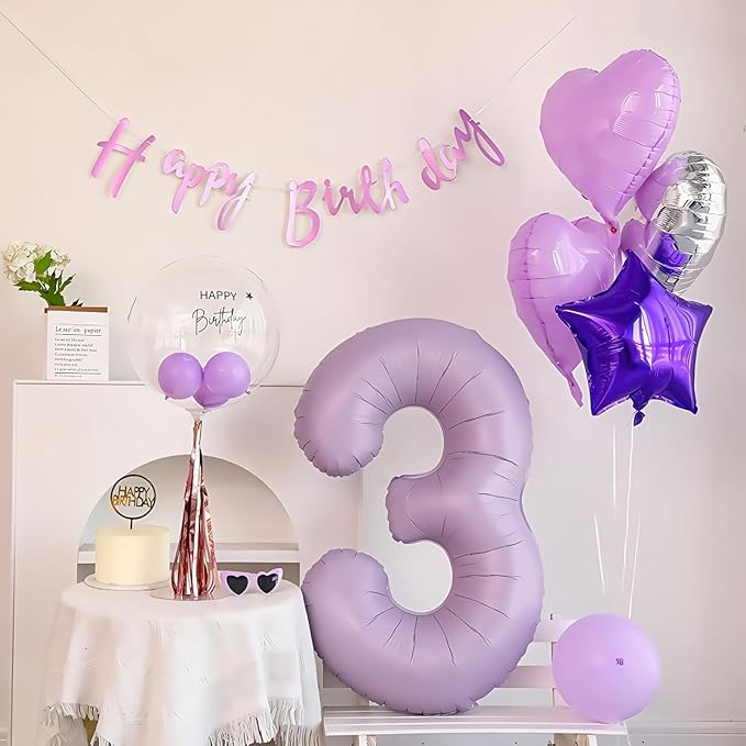 Pastel Purple 3 Number Balloons,40 Inch Light Purple 3 Balloons Large Helium Foil Mylar Purple Number 3 Balloon for Birthday Party Anniversary Decorations