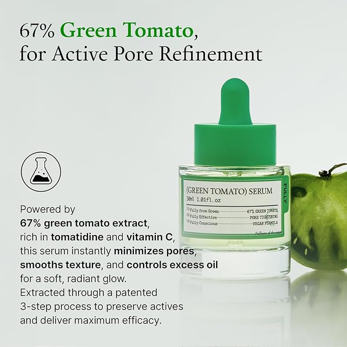 FULLY Green Tomato Serum, Pore Tightening with 67% Green Tomato Extract, Vit C and PHA, Elastcity Boosting and Skin Moisturization, Fragrance Free, Vegan & Dermatologically Tested, 1.01 fl.oz