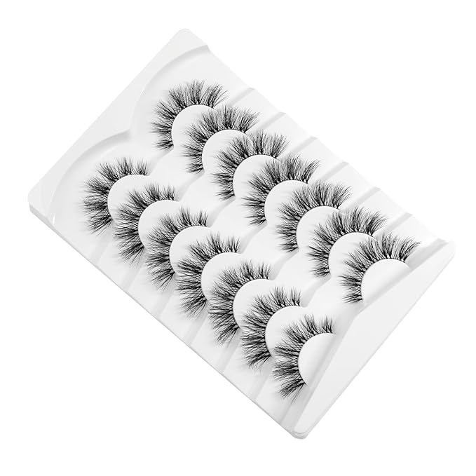 3D Clear Band Lashes 14mm Natural Soft Faux Mink Lashes C/D Curl Cat Eye Wispy Fake Eyelashes Short Cross Reusable False EyeLashes 7 Pairs (No.199)