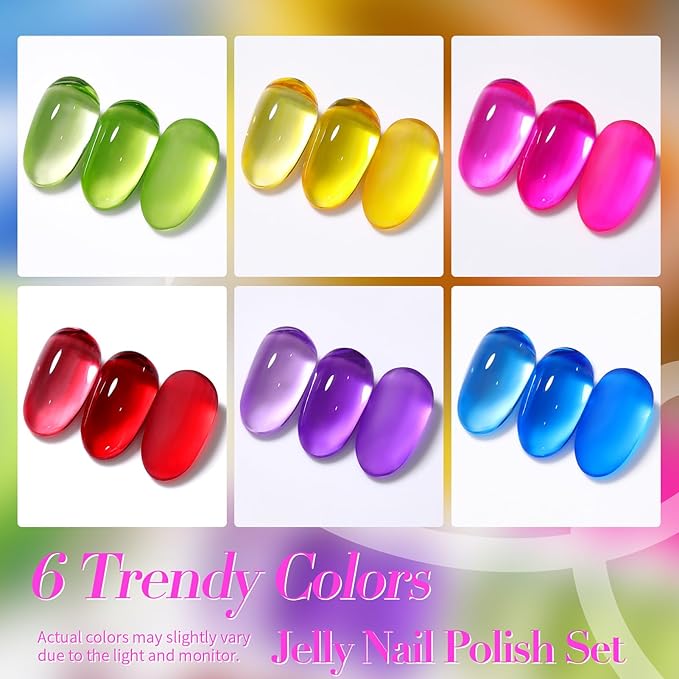 Born Pretty Neon Jelly Nail Polish Set, 6 Colors Halloween Ice Jelly Neon Nail Polish Quick Dry Fingernail Polish Kit Crystal Transparent Hot Pink Yellow Green Blue Nail Lacquer Glossy Polish Set