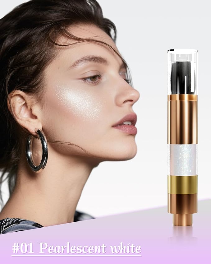 Highlighter Powder with Brush | 3D Contouring & Radiant Glow for Face, Body & Hair | Pearlescent Shimmer, Long-Lasting & Buildable Coverage | Women's Makeup for Daily & Special Occasions