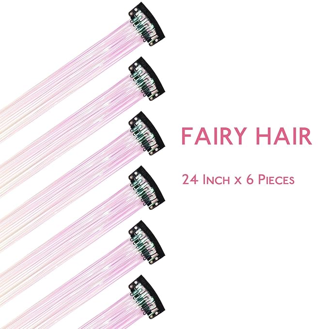 WENNALIFE Hair Tinsel Clip In for Girls Bright White, 6pcs 24 inch Clips Tinsel Hair Extensions Clip in Colorful Glitter Clips Sparkle Fairy