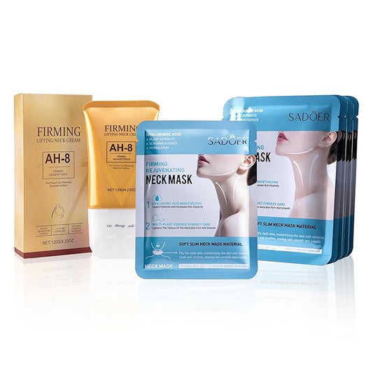 SADOER AH-8 Neck Cream and Mask Set 12 Pack Neck Mask & Firming Cream, Contains Hexapeptide, Tightening Lotions, Wrinkle Reducing Care Kit - Includes Travel Pouch, Perfect for Halloween Gifts