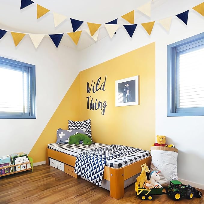 2 Sets of Blue Yellow White Nursery Garland 24Pcs Yellow Blue Fabric Linen Pennant Banner Flags Triangle Streamers for Baby Playroom Decor Kids Boys Birthday Baby Shower Grad Party Decorations