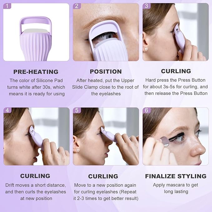 Heated Eyelash Curlers, Electric Lash Curler with Innovative Heating Silicone Pad for Lifted Lashes 24 Hours,Quick Rechargeable 600mAh Battery EC2001 (Violet)