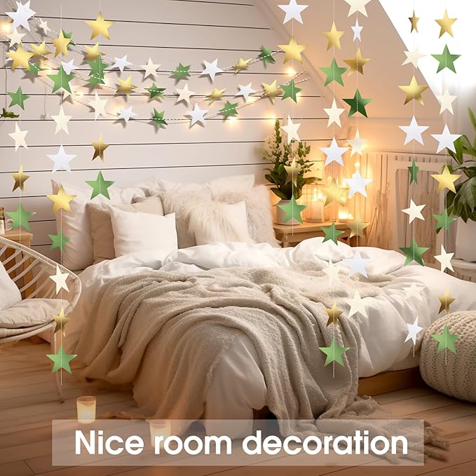 Patelai Glitter Star Garland Banner New Years Decor 130 Feet Star Hanging Banner Twinkle Backdrop for Birthday Classroom Wedding Halloween Christmas Party Supplies(Sage Green, Gold, White)