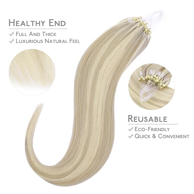 WENNALIFE Microlink Hair Extensions Human Hair, 50g 50s 20 Inch Ash Blonde Highlighted Platinum Blonde Remy Micro Bead Hair Extensions Real Human Hair Micro Loop Micro Ring Hair Straight Microlinks