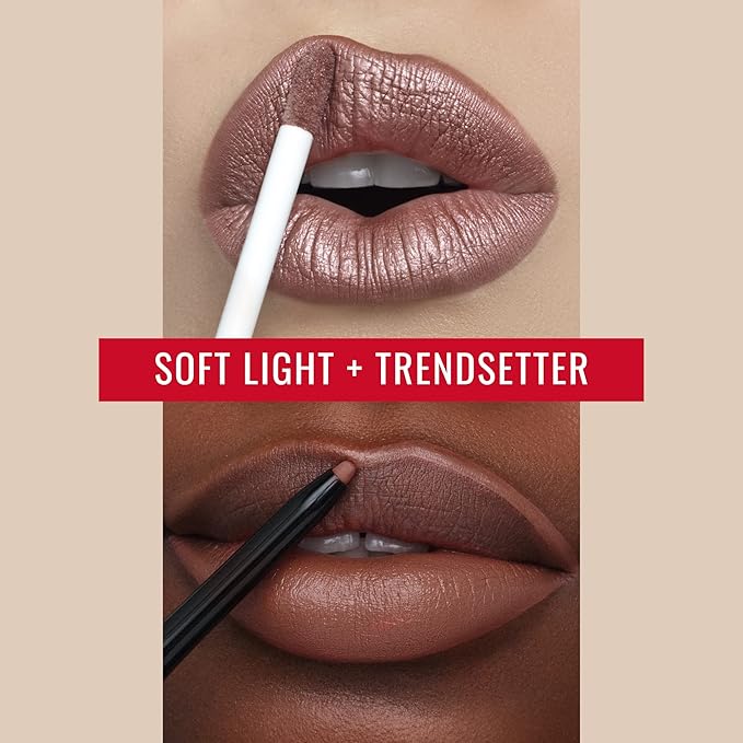 Runway Rogue ‘Soft Light’ Dark-Pink Pearl Glam Shimmer Long Wear Liquid Lipstick Bundle with ‘Trendsetter’ Soft-Mocha Designer Liner Lip Liner