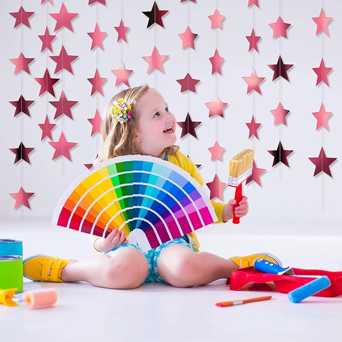 Patelai Glitter Star Garland Banner New Years Decor 130 Feet Star Hanging Banner Twinkle Backdrop for Birthday Classroom Wedding Halloween Christmas Party Supplies(Rose Pink)