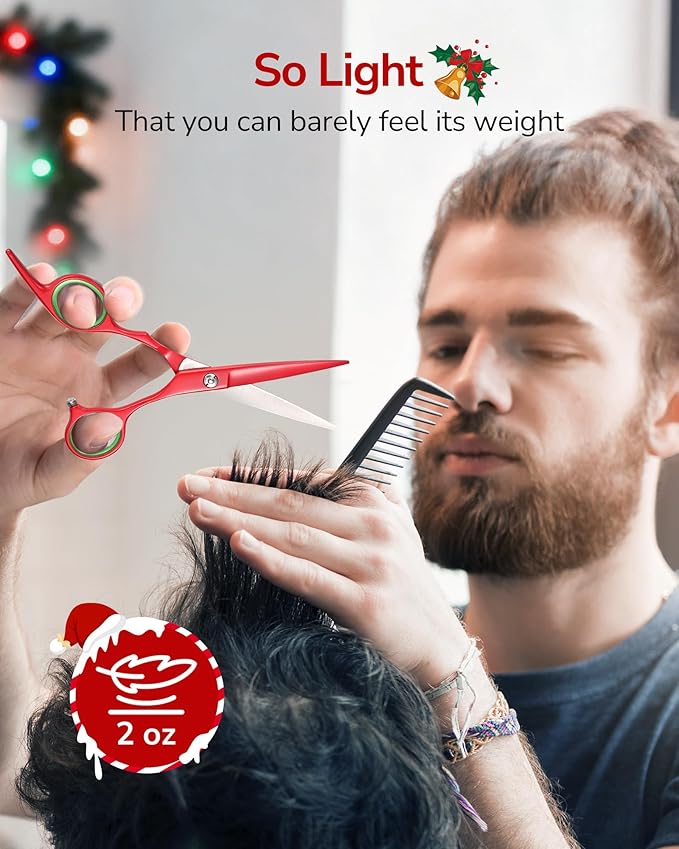ULG 6.5” Hair Cutting Scissors, Professional Japanese Stainless Steel, Razor Sharp Barber Shears with Ergonomic Offset Handles, Lightweight and Durable for Stylist & Home Use, Christmas Red Edition