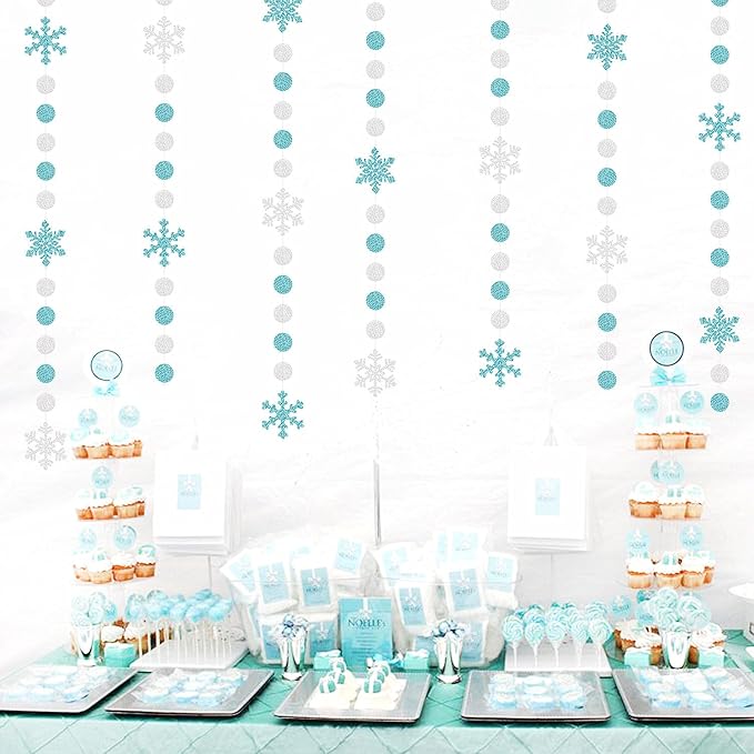 Snowflake-Snow Teal-Silver Christmas Party-Decorations Garland - 58Ft White Winter Wonderland Frozen Hanging Paper Streamers Banner,Birthday Wedding Baby Bridal Shower New Year Supplies Decor Ouruola