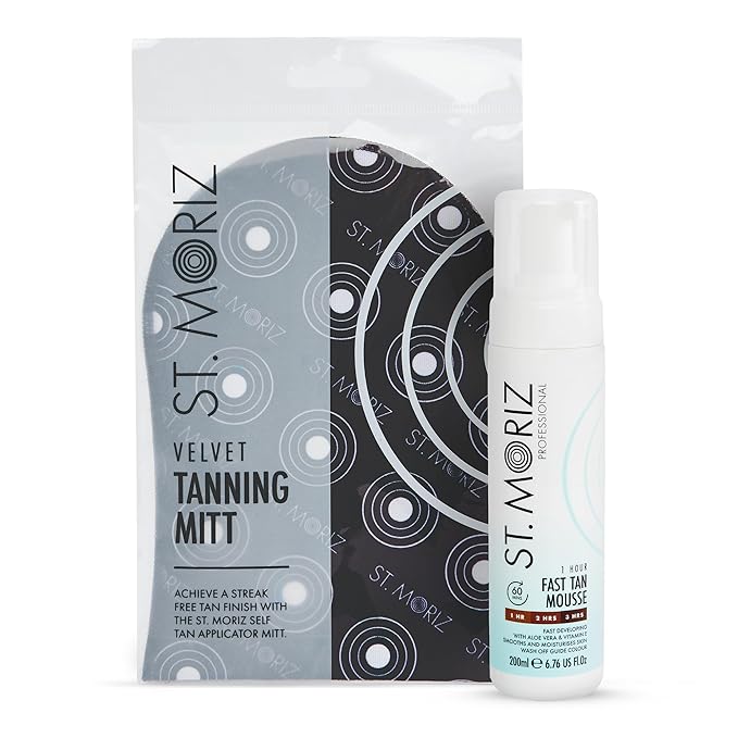 St. Moriz Professional 1 Hour Fast Self Tanner Mousse with Tanning Mitt Bundle - Light to Dark - 200ml - Sunless Instant, Express Self Tanning Foam for Golden, Natural Looking Fake Tan - Aloe Vera