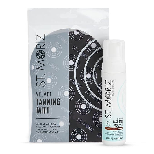 St. Moriz Professional 1 Hour Fast Self Tanner Mousse with Tanning Mitt Bundle - Light to Dark - 200ml - Sunless Instant, Express Self Tanning Foam for Golden, Natural Looking Fake Tan - Aloe Vera