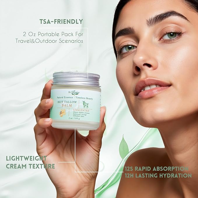 Whipped Tallow Face Moisturizer — Organic Grass Fed Beef Tallow for Skin Care, Extra-Gentle Tallow and Honey Balm for Face Moisturizing & Body Firming, Handmade All-Natural, Unscented, 2 Oz.