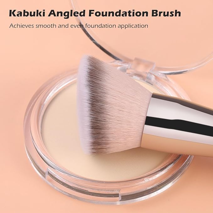 TEOYALL Dual-Ended Foundation Blending Brush, Flat Angled Kabuki and Domed Cheek Synthetic Bristles for Liquid Cream Powder