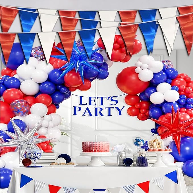 20M/65FT White Blue Red Triangle Pennant Banner Flag Metallic Fabric Bunting Garland for Christmas Graduation, Independence Day, 4th of july, Patriotic Themed Party Decoration