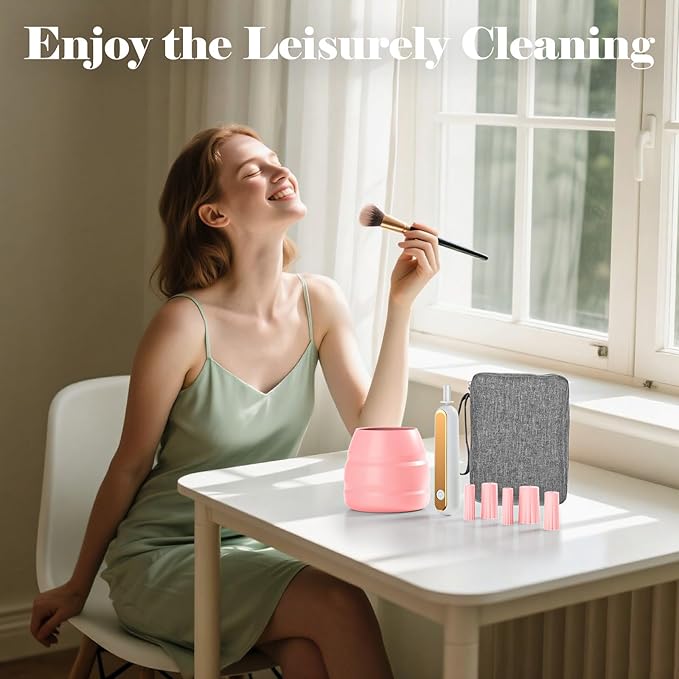 Electric Makeup Brush Cleaner Machine -15000RPM Fast Deep Cleaning and Dry Make Up Brushes Efficient Cleaning With Storage Cas, Portable Spinning Washer, gift for women- pink