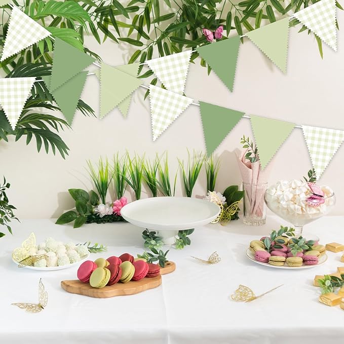 33Ft Green Party Hanging Banner Decoration Green Pennant Plaid Triangle Flag Fabric Bunting Garland for Birthday Wedding Baby Shower Party Supplies