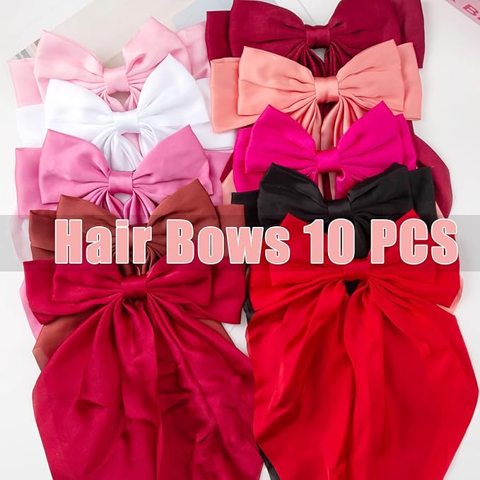 10 PCS Hair Bows,Big Bows for Girls and Womens,Hair Bows for Womens,Hair Ribbons,Large Hair Bow for Women,Big Hair Bow,Bows for Women,Oversized Long-tail Cute Aesthetic Hair Accessories（Red Series）
