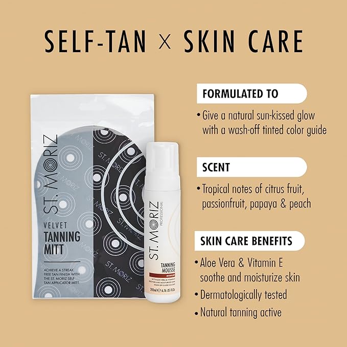 St. Moriz Professional Medium Self Tanner Mousse with Tanning Mitt Bundle - 200ml - Sunless Instant Self Tanning Foam for a Golden, Natural Looking Fake Tan - Moisturizing Aloe Vera & Vitamin E