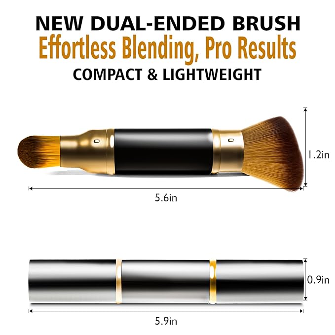 Retractable Airbrush Kabuki Brush for All Face Makeup & Foundation for Liquid, Cream and Powder Face Makeup, Dual-Ended Brush for Precision Natural Beautiful Look, With Aluminum Handle - Black