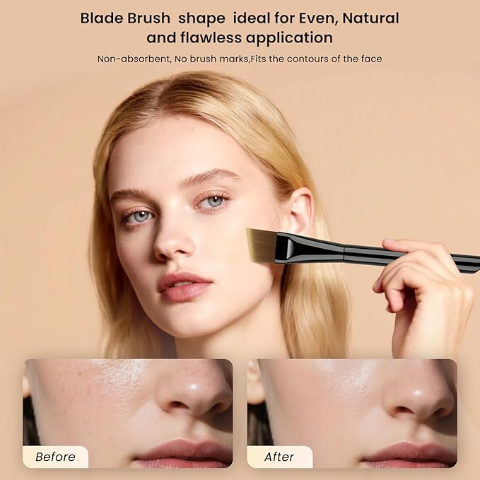 Ultra Thin Flat Foundation Brush for Liquid Makeup,Liquid Foundation Brush 0.1mm Peak, Flat Makup Brush with Power Puff for Liquild and Cream