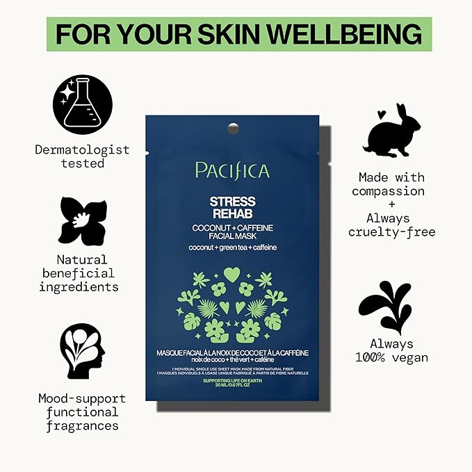 Pacifica Beauty Skin Rehab Coconut and Caffeine Facial Mask, Skincare, Green Tea, Puffiness, Face Mask, Sheet Mask, Face Care, All Skin Types, Vegan (6 Sheets)