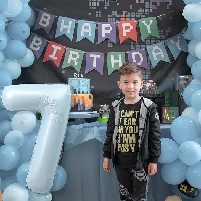 7th Birthday Balloons for Boys, 40'' Foil Self Inflating Light Baby Blue Number 7 Balloon, Pastel Dusty Sky Blue Large Helium Mylar 7 Balloon Number for Kid Birthday Party Decor Anniversary Decoration