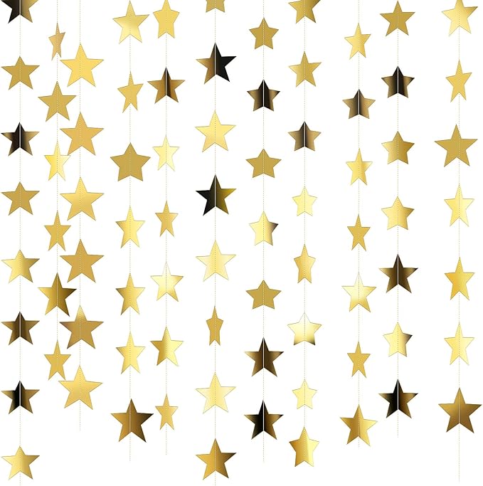 Patelai Glitter Star Garland Banner New Years Decor 130 Feet Star Hanging Banner Twinkle Backdrop for Birthday Classroom Wedding Halloween Christmas Party Supplies(Gold)