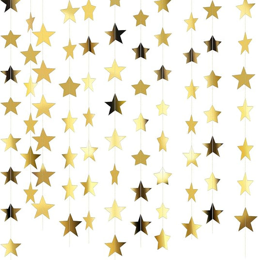 Patelai Glitter Star Garland Banner New Years Decor 130 Feet Star Hanging Banner Twinkle Backdrop for Birthday Classroom Wedding Halloween Christmas Party Supplies(Gold)
