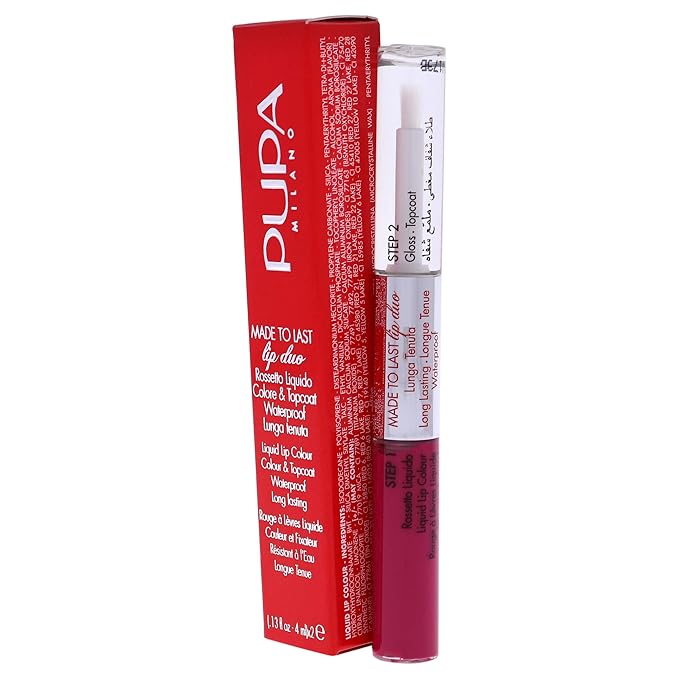 PUPA Milano Made To Last Lip Duo - Smudge-Proof Lip Color And Gloss - Highly Pigmented Shades - One Swipe Color Payoff - Gives Unrivaled Glassy Effect - Long Lasting - 004 Geranium Fuchsia - 0.13 Oz