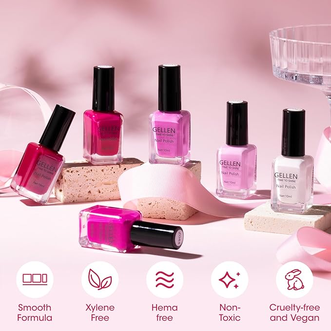 GELLEN Hot Pink Nail Polish, Pinkish Purple Natural Traditional Regular Nail Polish Quick Air Dry 6-Set For Acrylic Natural Nails Toes Home Salon, Non UV Gel, Chip Resistant, Hema Free, Toxin Free