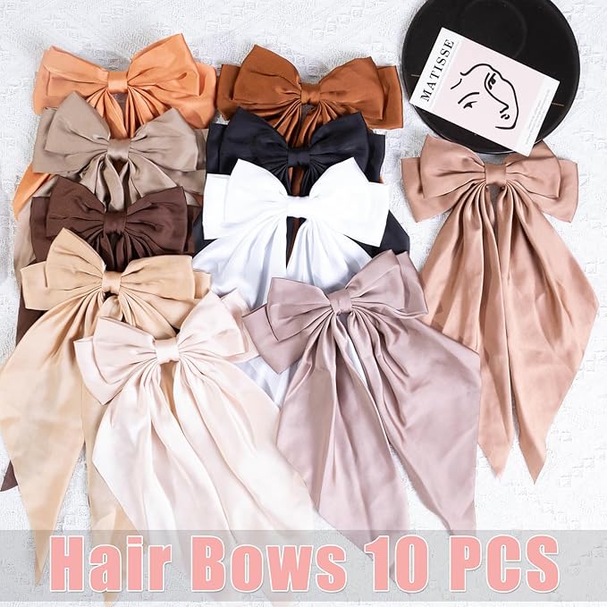 10 PCS Large Hair Bows Ribbon Bow for Women,Hair Bows for Womens,Oversized Long-tail Cute Aesthetic Hair Accessories,Large Hair Barrettes for Women,Big Bows for Girls（Warm brown