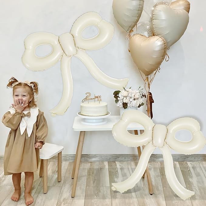 4 Pcs Bow Birthday Decorations Cream Bow Balloons for Girl Women Bow Themed Party Decorations Giant Foil Beige Balloons for Birthday Baby Shower Gender Reveal Wedding Decor Party Supplies