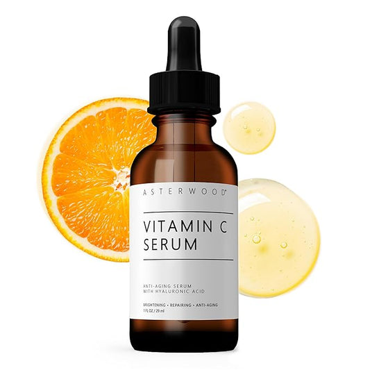 Asterwood Vitamin C Face Serum - with Hyaluronic Acid - Smoothing, Hydrating, Stimulates Collagen Production - Fragrance-Free - 1 Fl Oz