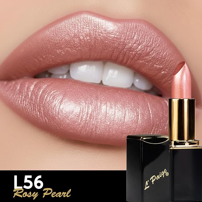 L'Paige Designer Lipstick - Rosy Pearl Color with Aloe Vera, Moisturizing and Long-Lasting Formula, Silky Silvery Pink Finish, Hydrating Lip Color for Soft, Smooth Lips, All-Day Wear, Shade L56