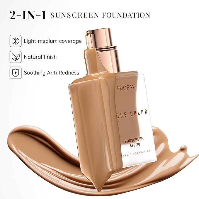 PHOFAY Matte Sunscreen Liquid Foundation SPF 30 (1.02 fl oz) - Long-Wearing Oil-Control, Concealing & Non-Greasy Buildable Coverage, Suitable for Most Skin Types, Daily & Outdoor Use (06#)