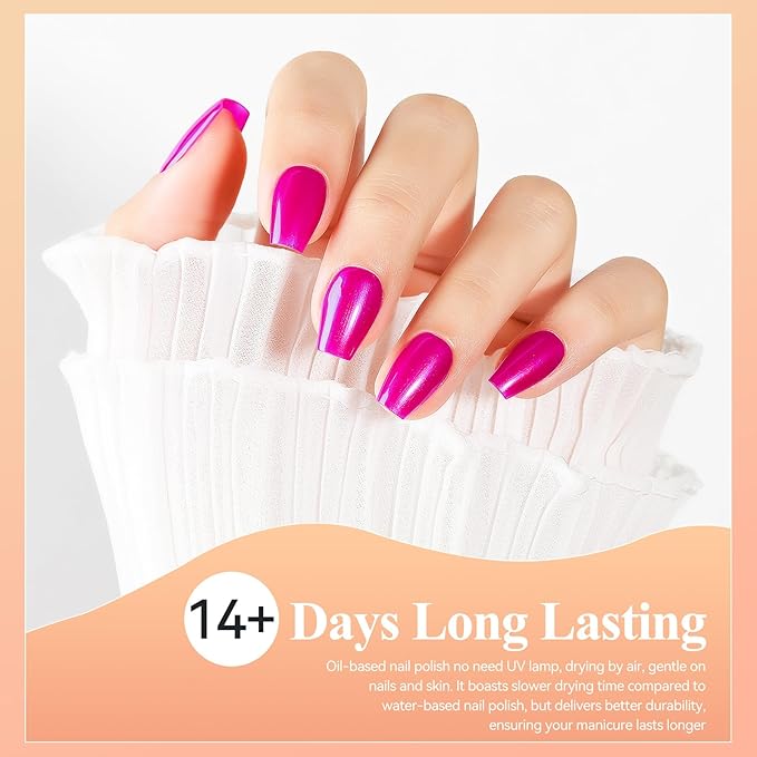 Nail Polish Quick Dry, Rose Hot Pink Nail Lacquer Nail Art Polish Non-Gel Air Fast Drying, Shimmer Pink Nail Pigment High Coverage Fingernail Concealer Polish, 1PC 12ML Long Wear